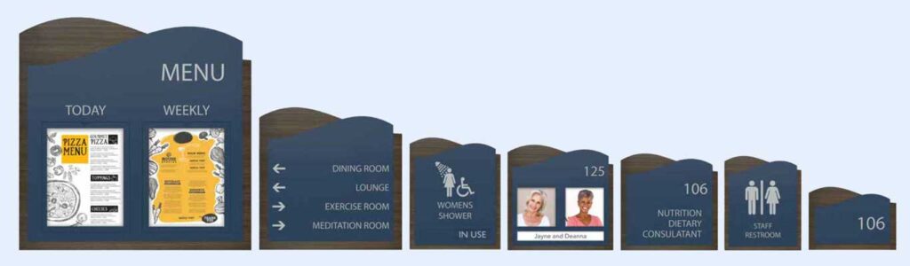 Architectural & Wayfinding Solutions Seven signs of varying sizes displaying essential ADA, Directional, and Wayfinding information.