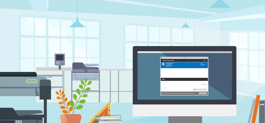 Illustration of a computer in an office space, displaying the print tracking service being marketed.