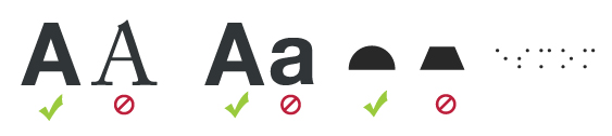 ADA Signs, Architectural and Building Signage 1 4 examples displayed horizontally of properly displaying Lettering and Braille on signage.