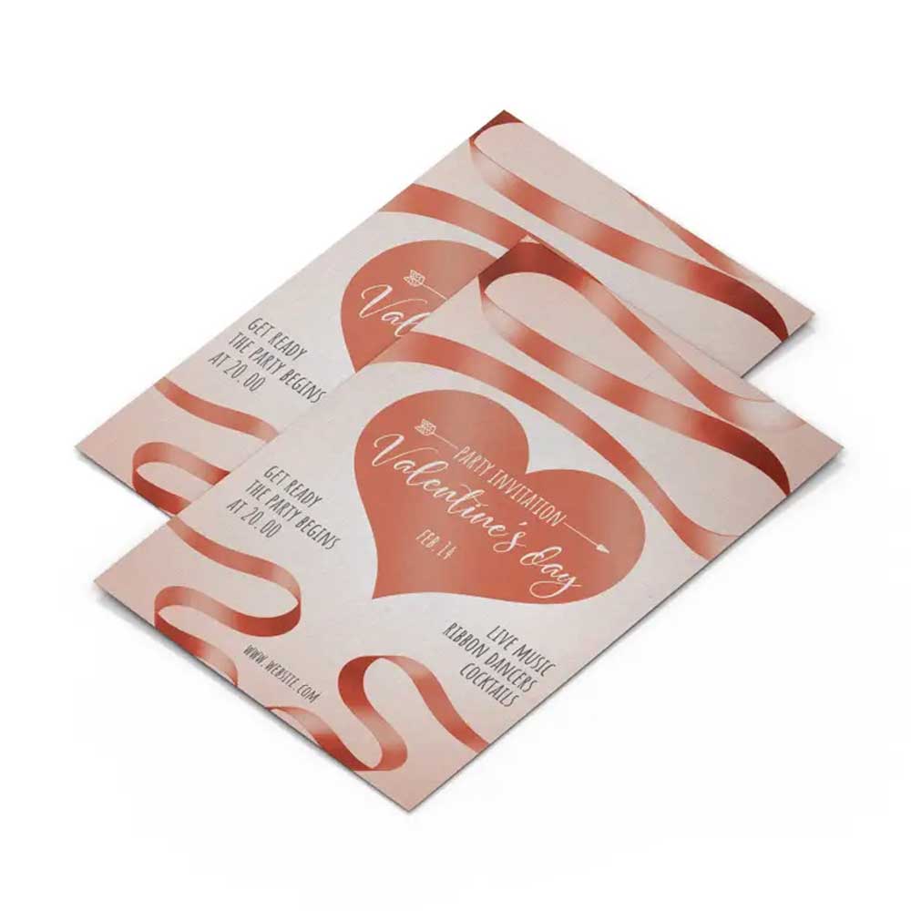Business Printing 8 Two pink and red flyers displaying a heart and ribbons on a white background.