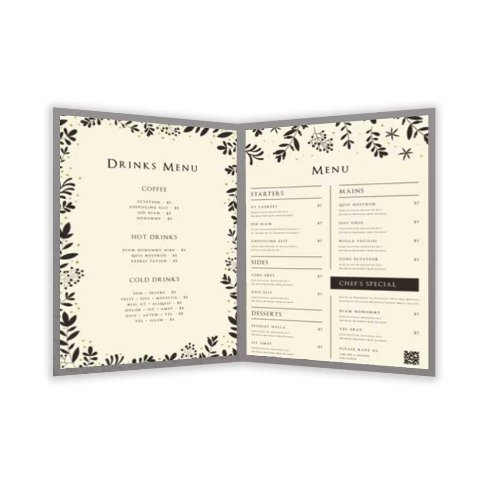 Business Printing 9 An example of a restaurant menu on a white background.