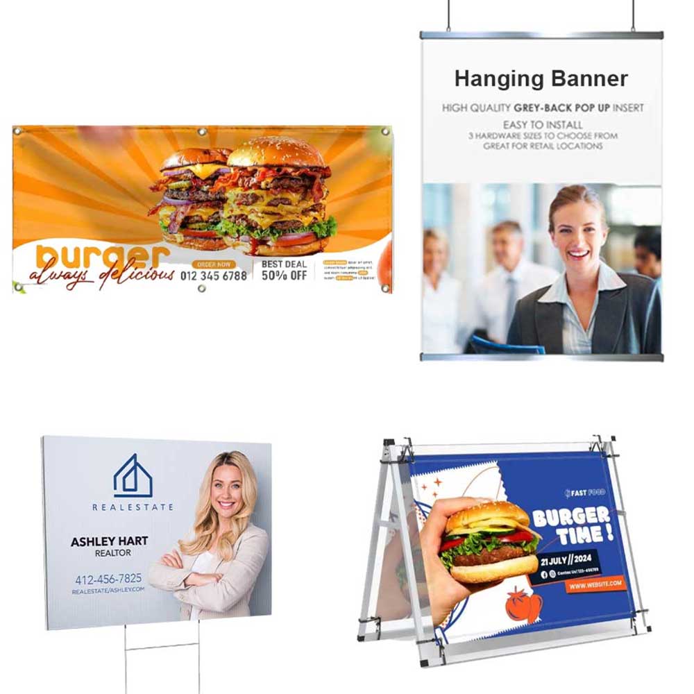 Business Printing 6 Four examples of advertisements; banners, rigid signs, and an A-Frame.