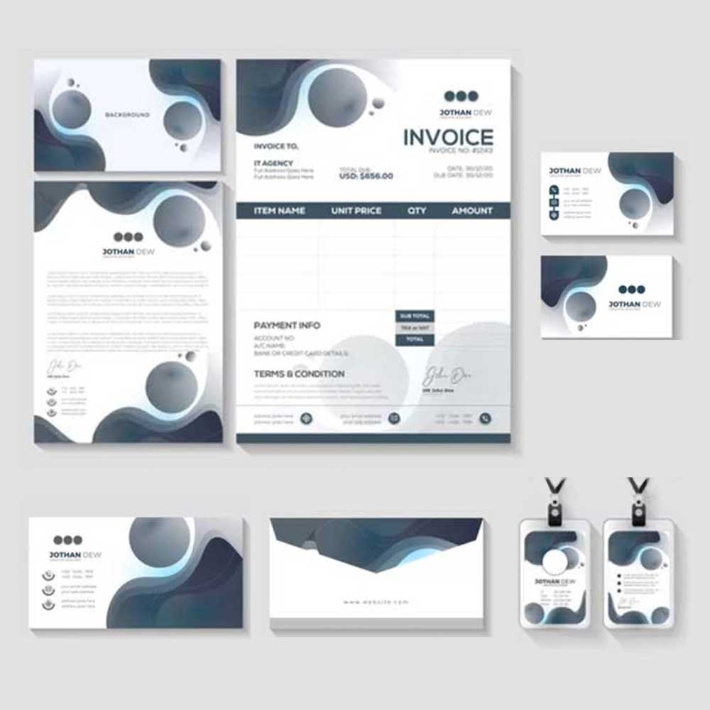 Business Printing 1 Collage of sample business printing products including name badges, business cards, and stationary.
