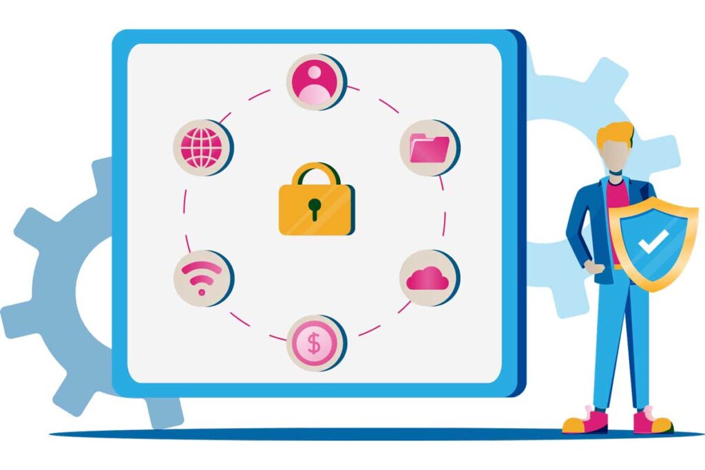 Private Web Hosting 3 An illustration with gears and icon elements relating to internet security.