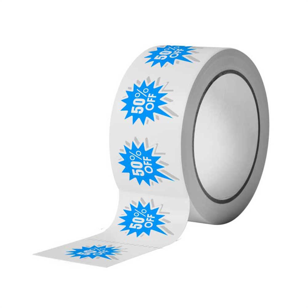 Business Printing 10 Roll of blue "50%" off stickers on a white background.