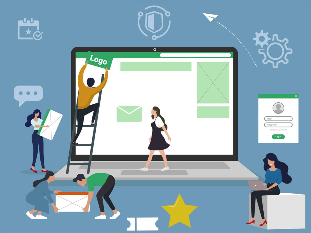 Web Hosting illustration of a team collaborating to build a website interface on a large laptop screen, with icons representing login, security, tools, and email.