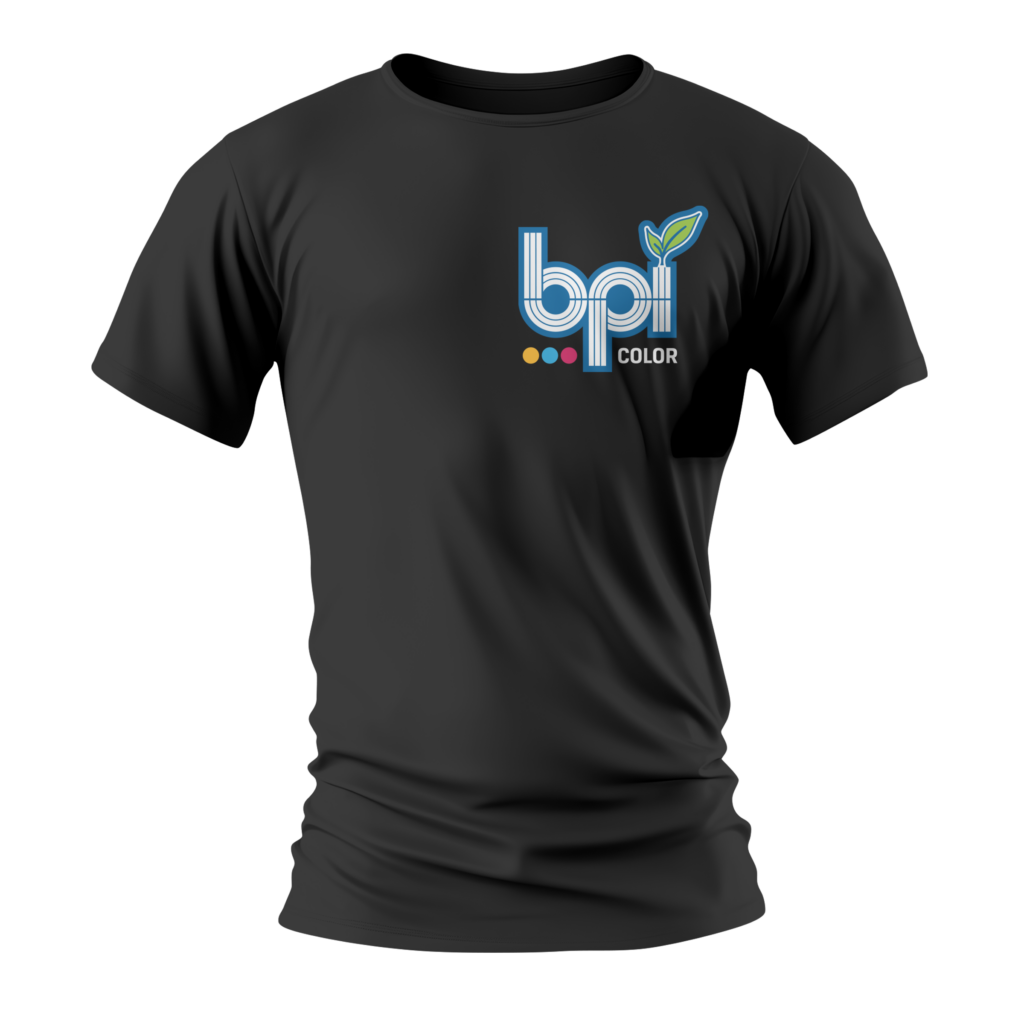 Promotional Products black t-shirt featuring the BPI Color logo in full color, designed for branded apparel and corporate identity promotion.