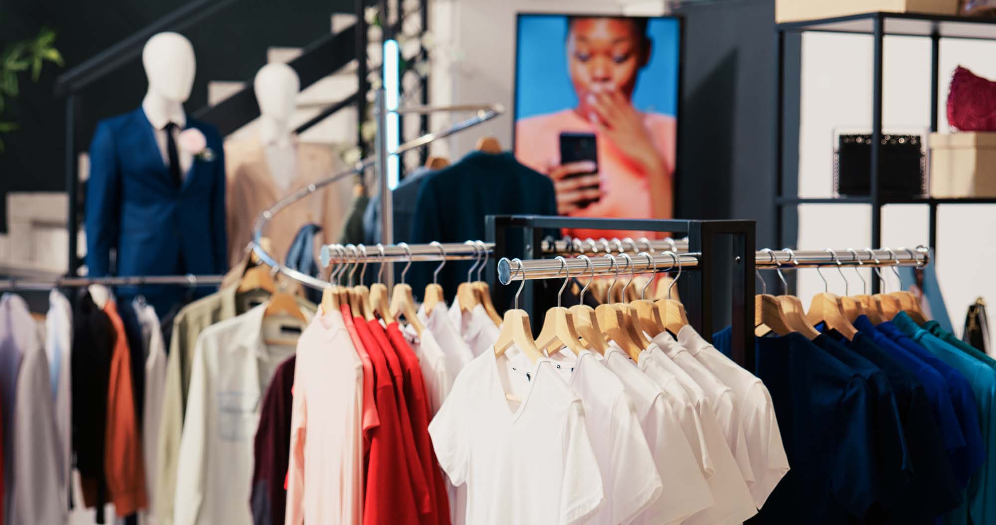 Retail Signage: Interior of a modern retail clothing store featuring colorful t-shirts on wooden hangers, mannequins in formal wear, and a digital display screen in the background.
