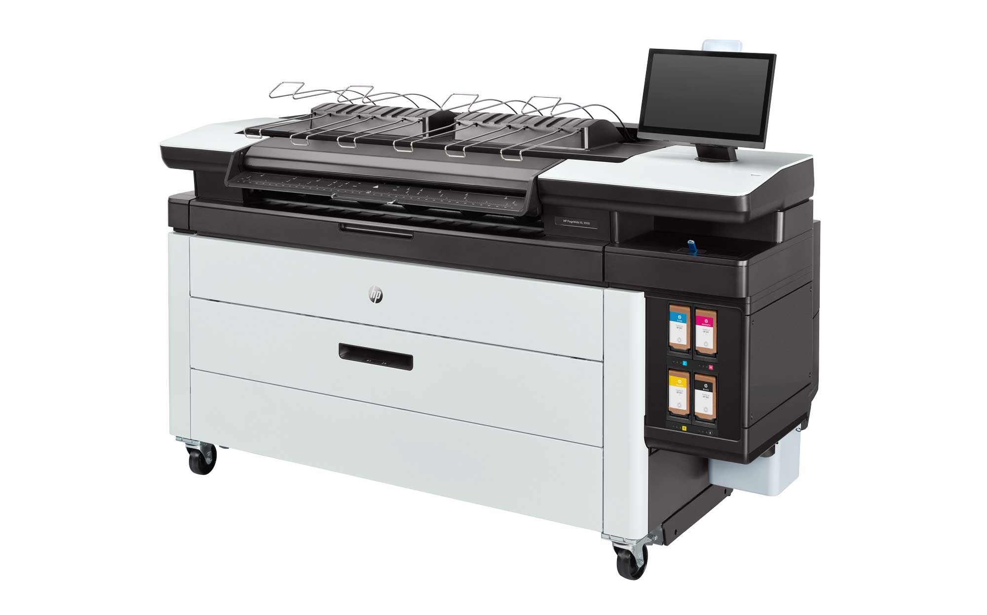 Our Story 6 Large, industrial sized office printer with a monitor displayed on a white background.