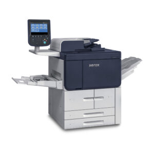 Xerox® PrimeLink® B9110 front-facing view of a high-speed monochrome production printer with integrated touchscreen and advanced output trays.
