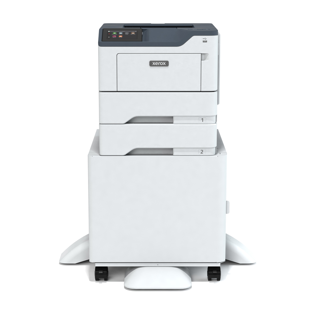 Xerox® B410 B&W Printer 6 Xerox® B410 BW Printer on mobile stand with one additional paper tray, front-facing view showcasing compact and efficient design for high-volume black-and-white printing.