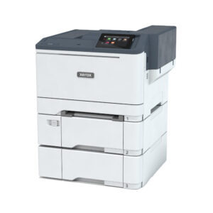 Xerox® C410 Printer left facing view featuring compact design, stacked paper drawers, and integrated touchscreen display.
