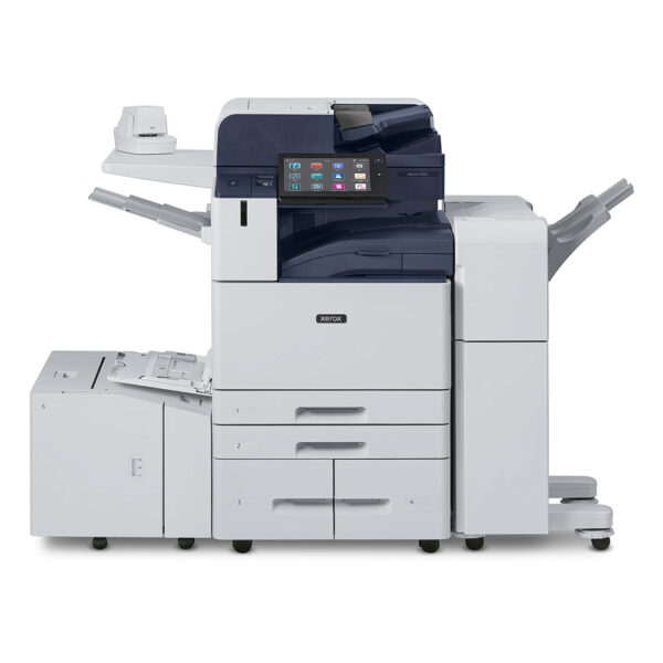 Xerox® AltaLink® C8200 Series Printer with front touchscreen panel and full paper tray setup in standard office configuration