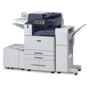 Xerox® AltaLink® B8200 Series printer front view with touchscreen panel and full finishing configuration.