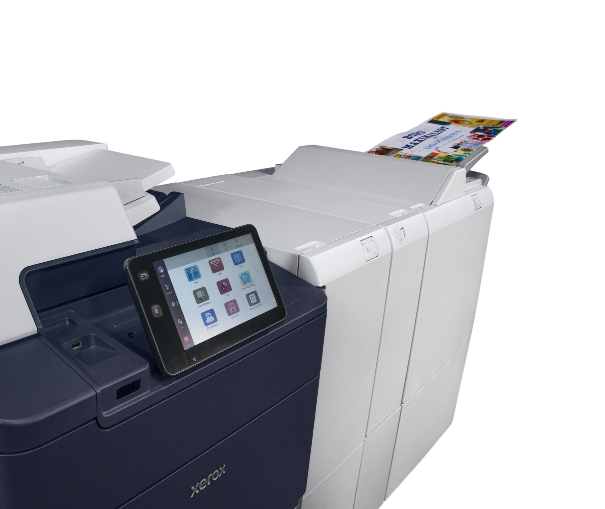 Xerox® PrimeLink® C9200 Series 4 Xerox® PrimeLink® C9200 Printer close-up showing touchscreen control panel and extended output tray delivering full-color print on specialty media.