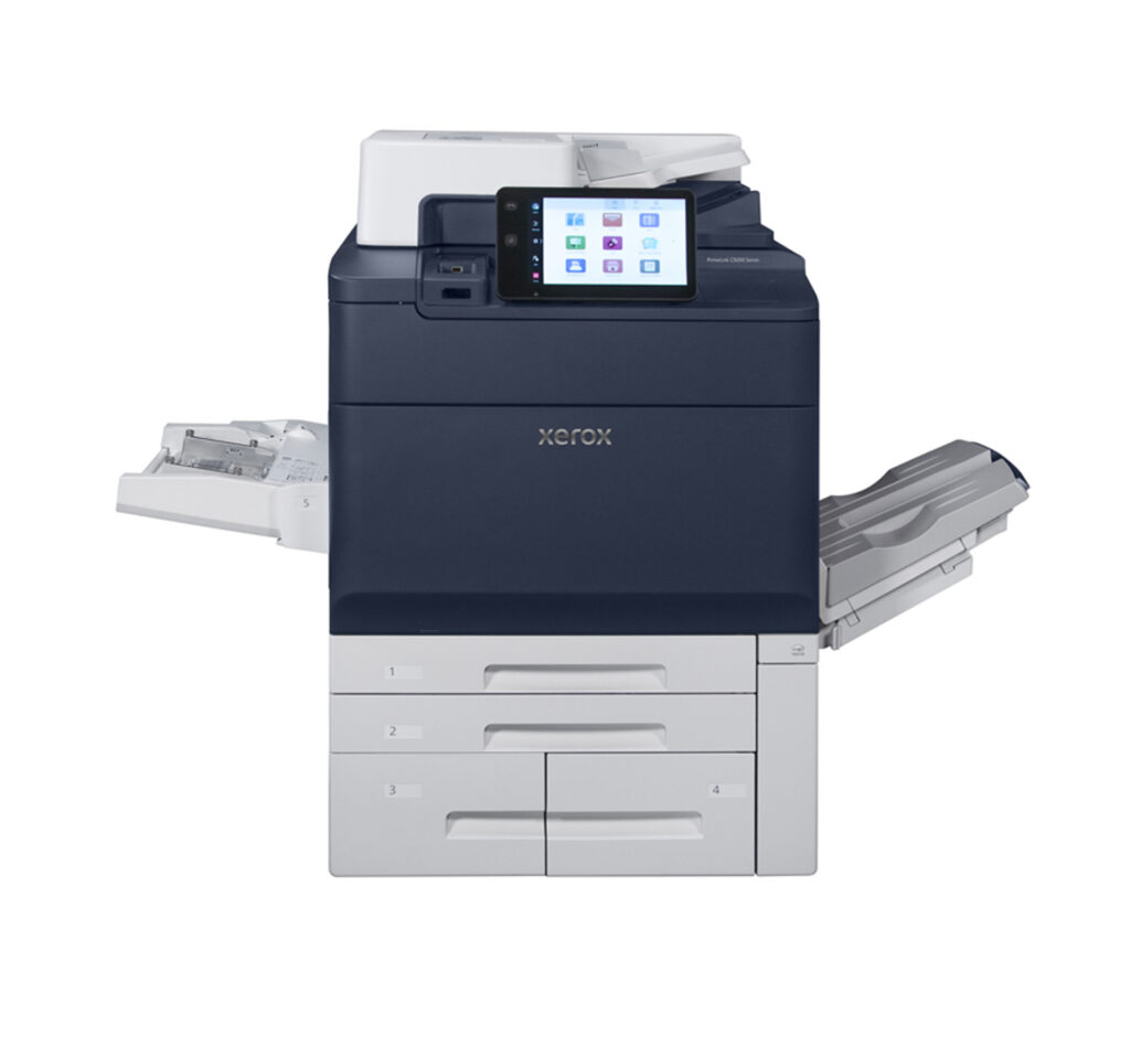 Xerox® PrimeLink® C9200 Printer with touchscreen interface, multiple paper trays, and side output trays for high-volume office use.