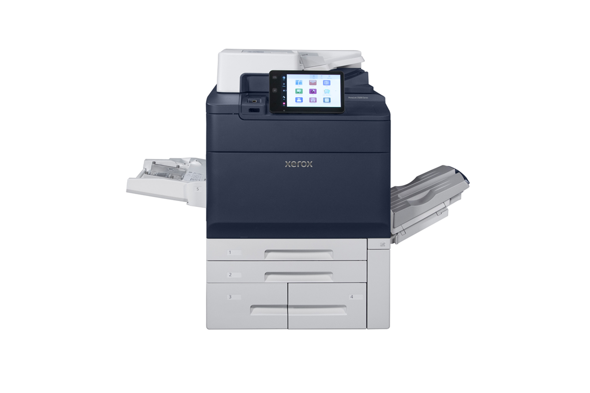 Xerox® PrimeLink® C9200 Series 1 Xerox® PrimeLink® C9200 Printer with feeder trays and output trays extended, ready for high-capacity printing.