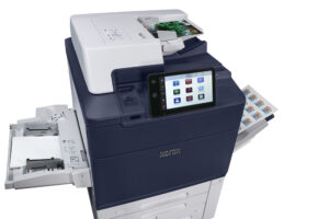 Xerox® PrimeLink® C9200 Printer with touchscreen display and printed graphics emerging from the output tray.
