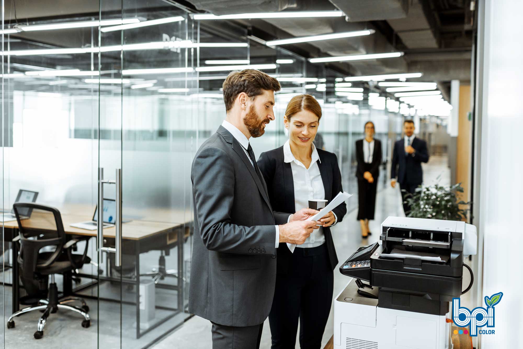 The True Costs of Printing 1 Two office staff looking at an item from the printer in front of them.