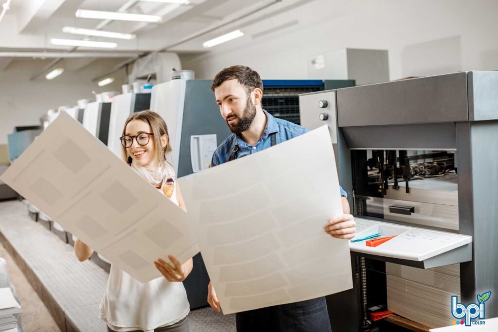 Wide Format Printing vs. Traditional Printing: Which One is Right for Your Business? 1 2 office staff inspecting wide format printing projects.