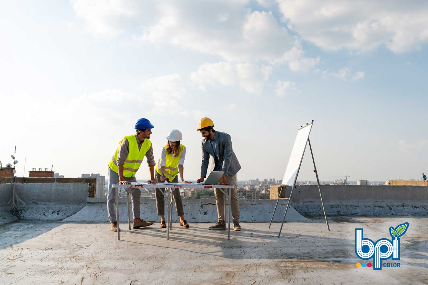 P-R-A-C-T-I-C-E Core Values with BPI Color: Respect 1 Team of three construction workers meeting outside.