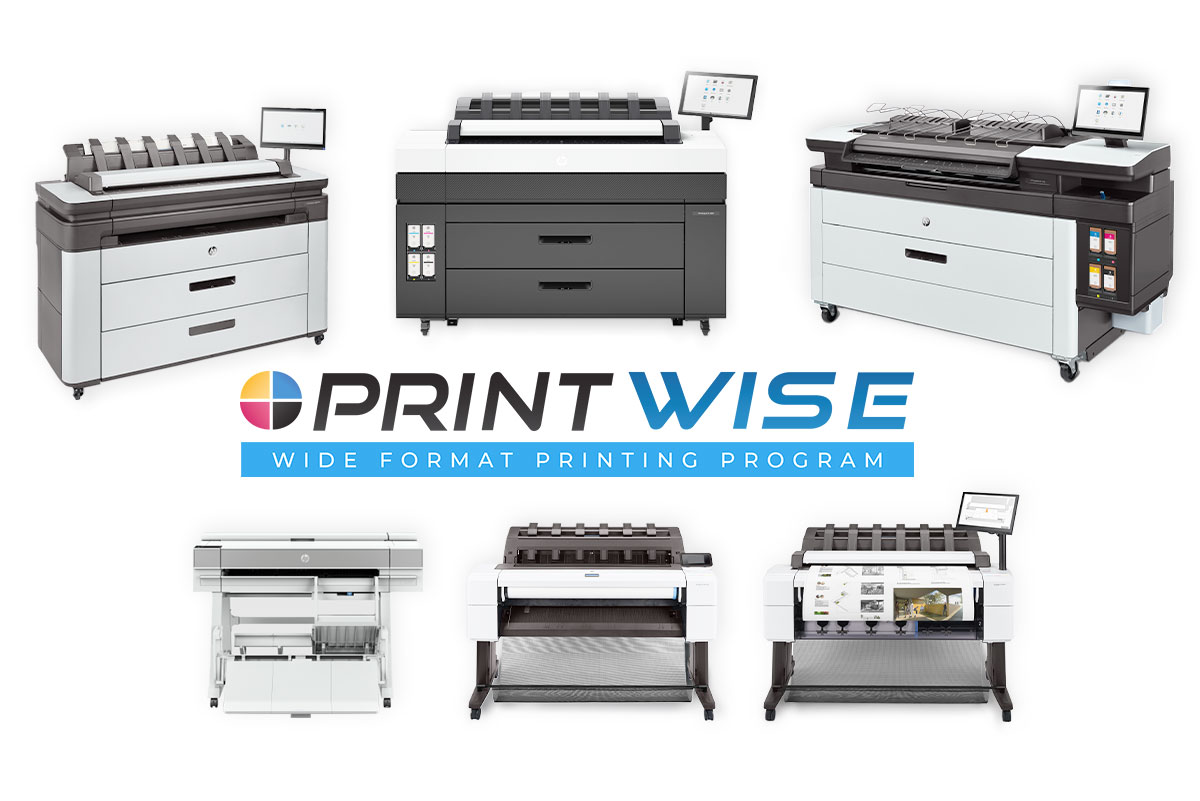 January 2025 Monthly Newsletter 21 Collage of HP Wide Format Printers with PrintWise logo.