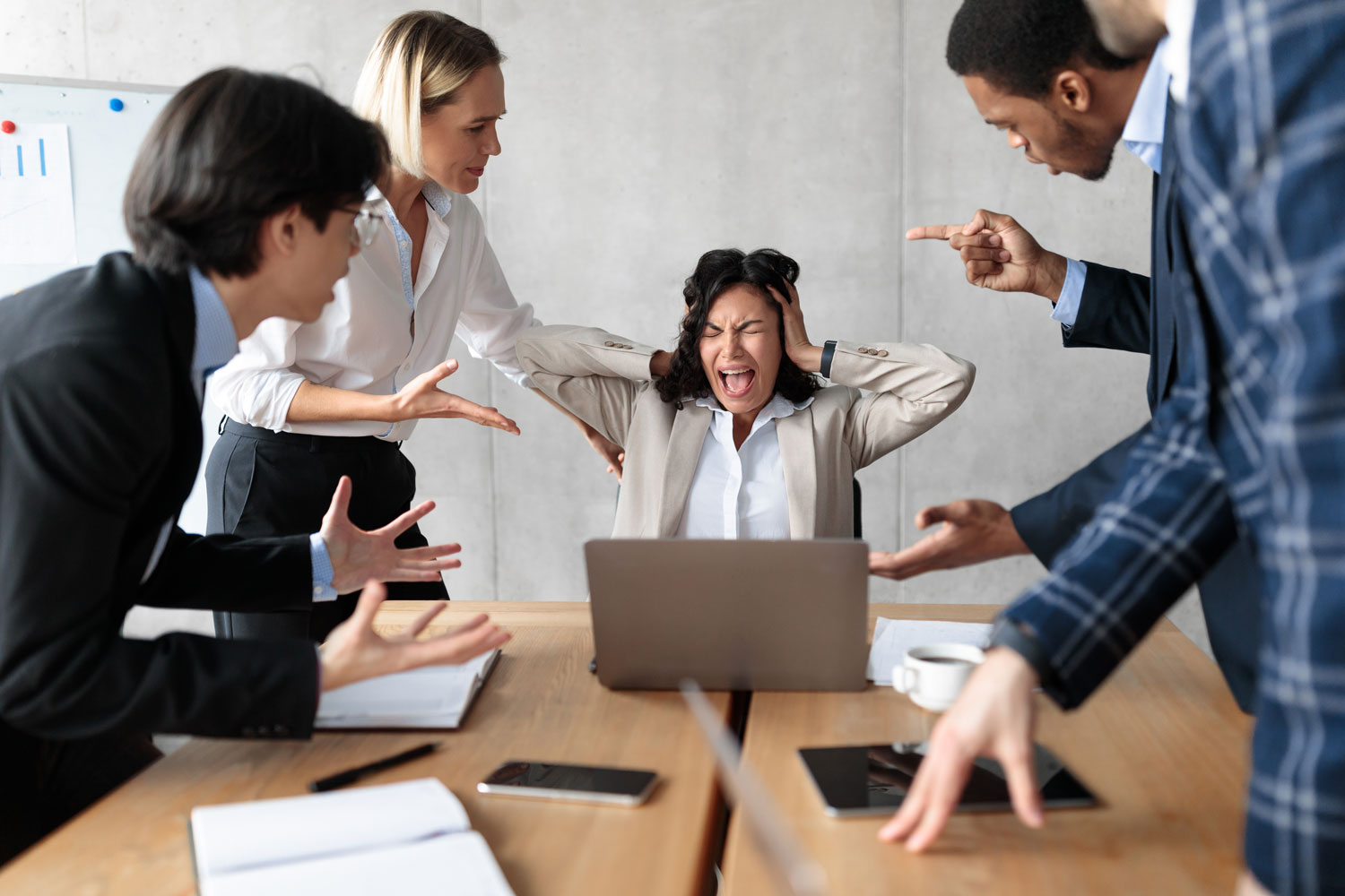 P-R-A-C-T-I-C-E Core Values with BPI Color: Respect 8 5 unhappy, stressed out corporate team members in an office setting.