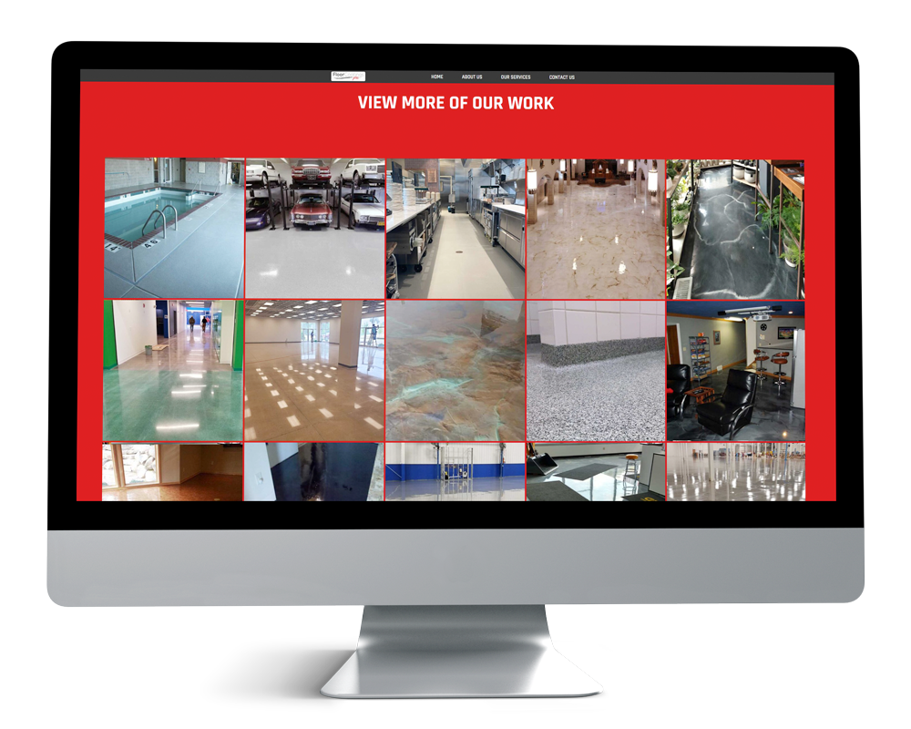 Floor Coatings Pro's desktop screen displaying a portfolio grid with various flooring projects, including garages, commercial kitchens, retail, and epoxy applications.