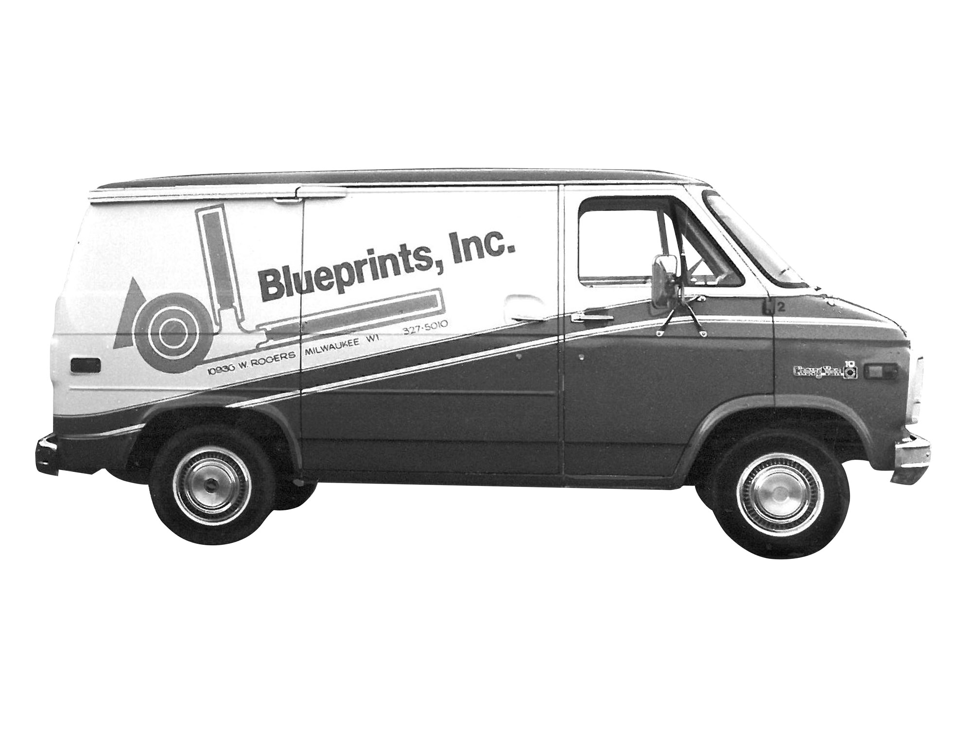 Blueprints Inc Van featuring a vintage delivery vehicle with the original company logo and contact details, showcasing the legacy of BPI Color's early operations.