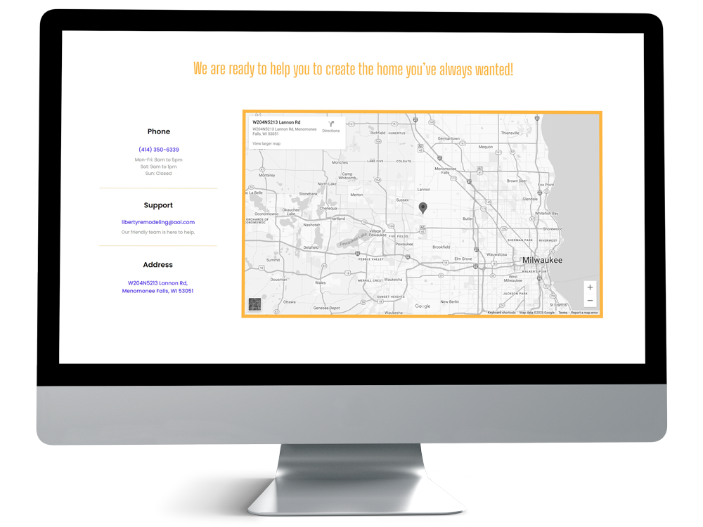 Liberty Remodeling & Construction contact page of Liberty Remodeling & Construction’s website shown on a desktop screen with map and contact details.