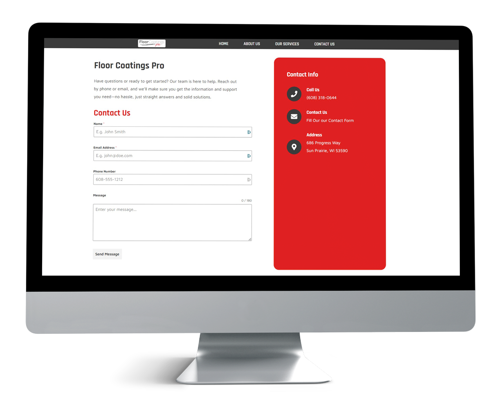 Floor Coatings Pro's website contact page for Floor Coatings Pro shown on a computer screen, including a form and contact information sidebar.