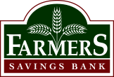 Farmers Savings Bank logo with green background, white lettering, and wheat graphic