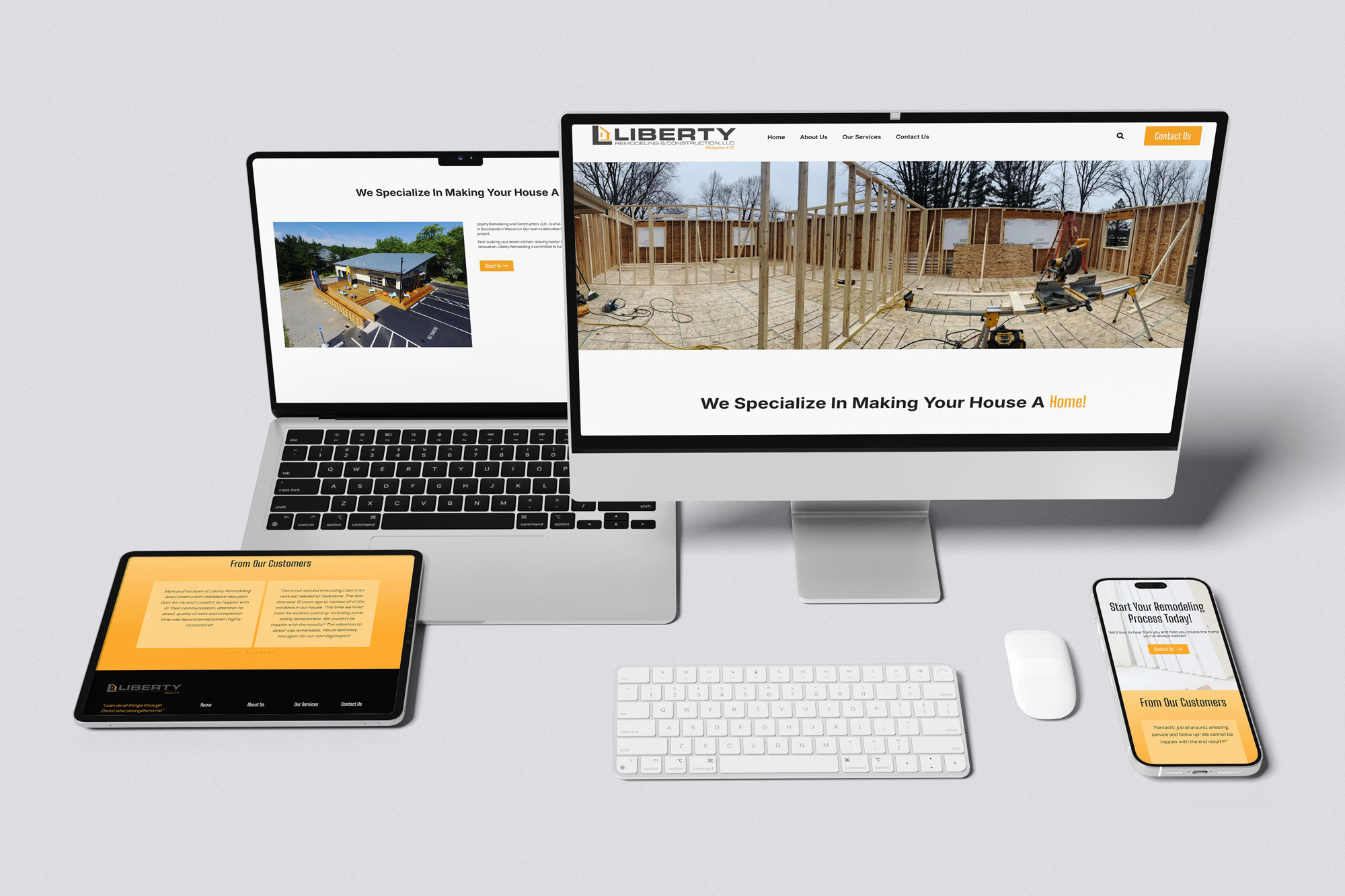 Portfolio Menu 3 Liberty Remodeling & Construction website displayed on desktop, laptop, tablet, and smartphone showing responsive design and clear home remodeling branding.