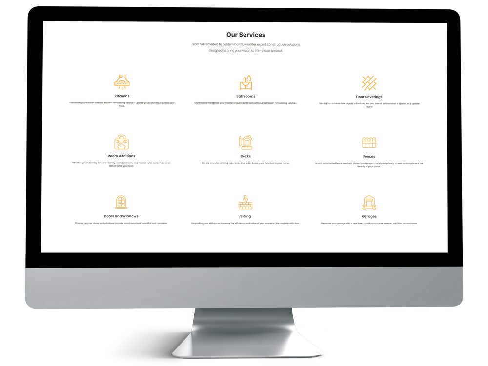 Liberty Remodeling services page displayed on a desktop screen, showcasing icons and descriptions for kitchens, bathrooms, decks, siding, garages, and more.