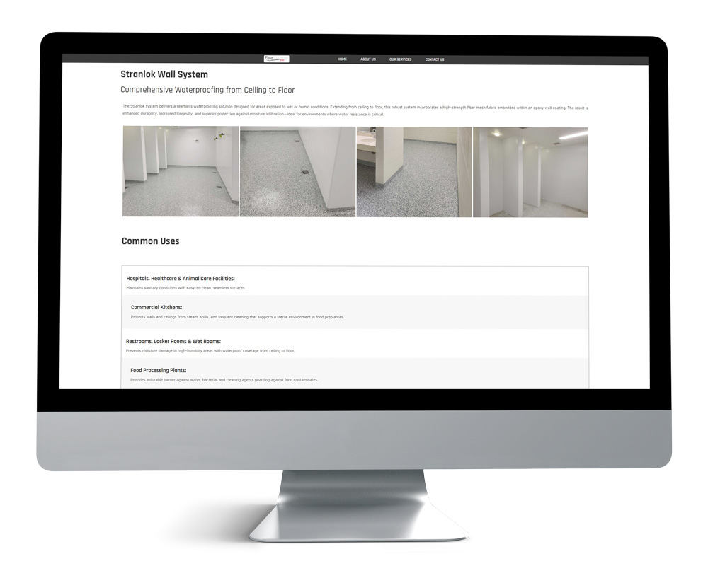 Floor Coatings Pro's desktop view of Stranlok Wall System service page detailing waterproof wall solutions and common uses across various industries.