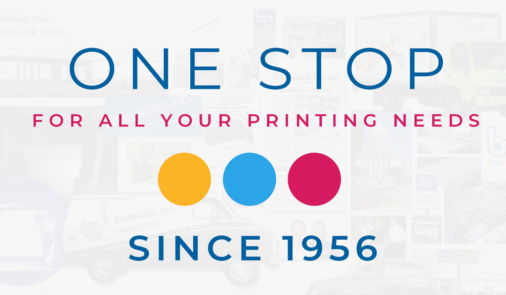 One Stop Graphics banner featuring the phrase “One Stop for All Your Printing Needs Since 1956” with colorful print dots and a collage of historical photos.