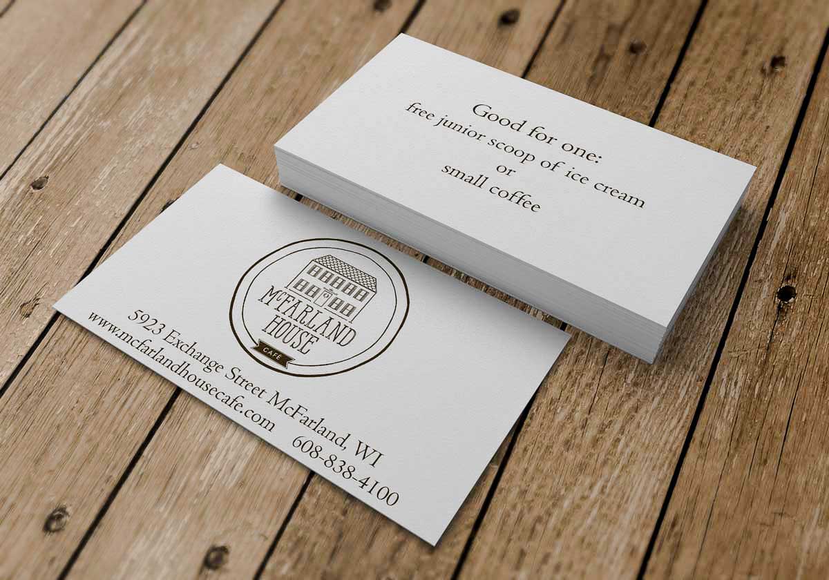 Business Cards - McFarland House Café featuring a clean design with logo, contact info, and a promotional offer for a free coffee or junior ice cream scoop.