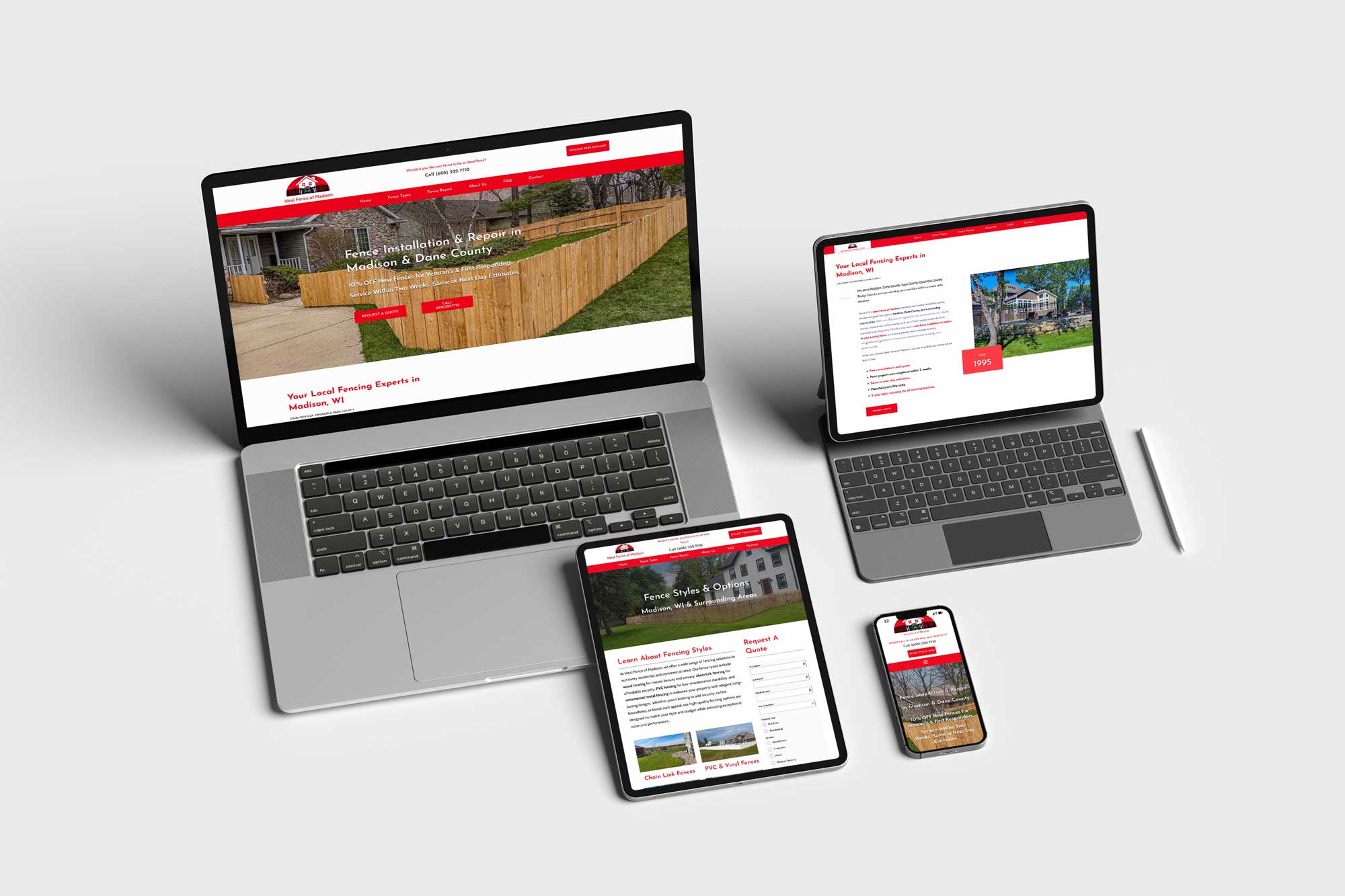 Portfolio Menu 4 Ideal Fence of Madison website displayed on multiple devices including a laptop, tablet, and smartphone, showcasing a clean, responsive web design.