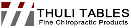 Thuli Tables Logo featuring bold geometric red and gray slashes with the tagline “Fine Chiropractic Products” in black text.