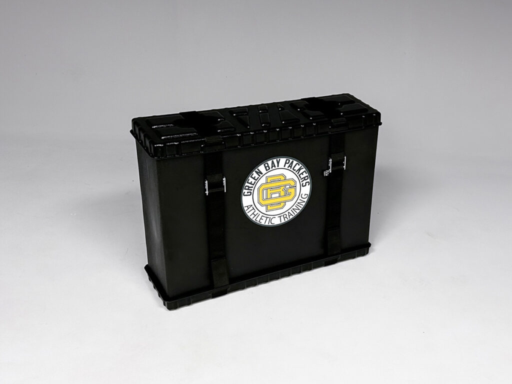 Thuli Table Case angled view showing Green Bay Packers Athletic Training logo and dual strap closures.
