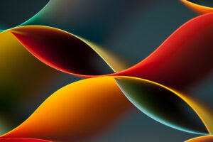 Banner Image featuring abstract curved shapes in vibrant shades of red, orange, yellow, and teal overlapping on a dark, blurred background.