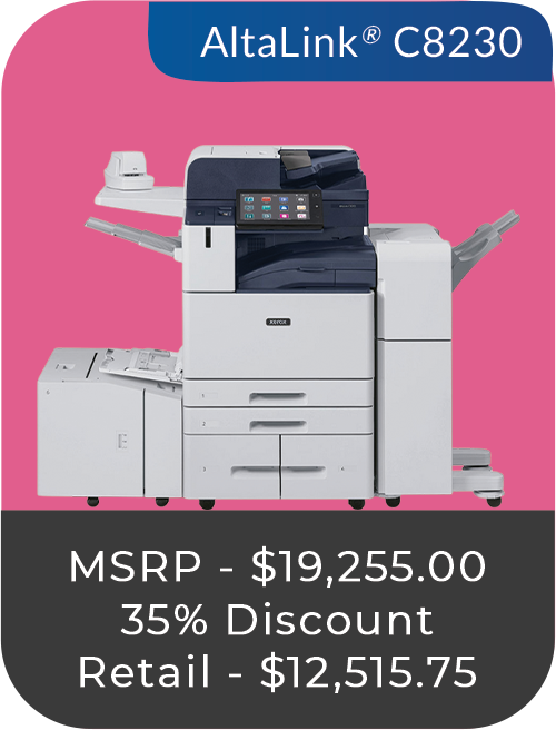 Xerox AltaLink C8230 high-performance color multifunction printer with finishing attachments, touchscreen panel, and retail pricing after 35 percent discount.