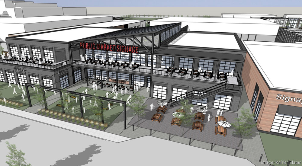 Brookfield Public Market rendering showing a modern two-story design with outdoor dining, rooftop seating, and pedestrian-friendly landscaping.