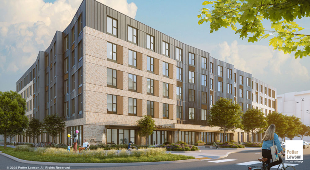 Triangle Neighborhood Redevelopment project featuring a modern, multi-story residential building with large windows, street trees, and pedestrian activity.