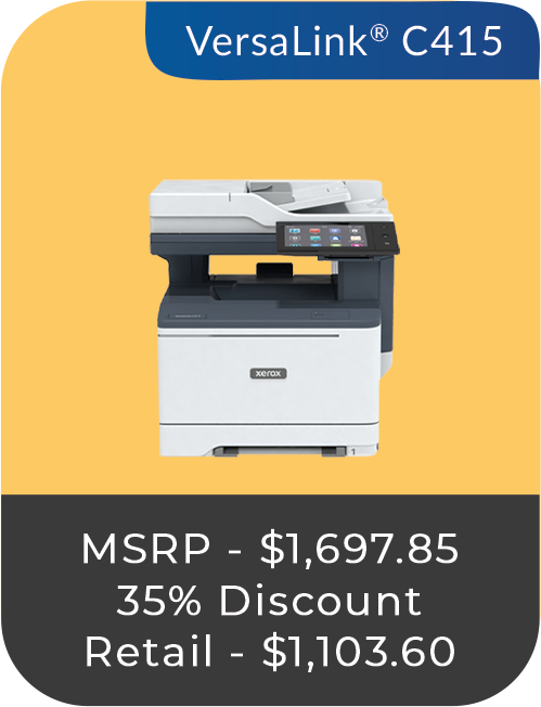 Xerox VersaLink C415 compact multifunction printer featured with pricing information, showing an MSRP of $1,697.85 and a 35% discounted price of $1,103.60.