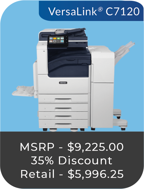 Xerox VersaLink C7120 multifunction printer displayed with pricing details, including MSRP of $9,225 and a 35% discounted retail price of $5,996.25.