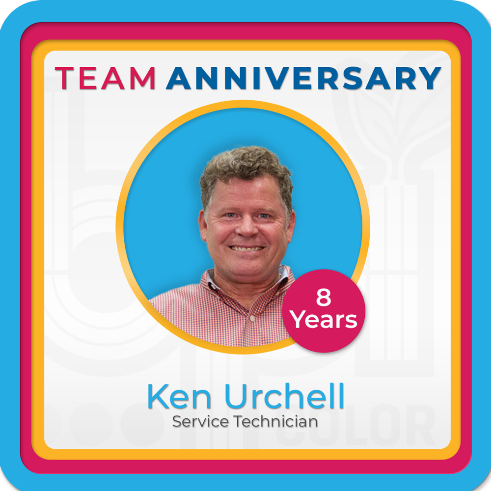 Employee Anniversary Ken Urchell celebrating 8 years as a Service Technician at BPI Color with a smiling portrait framed in a colorful graphic design.